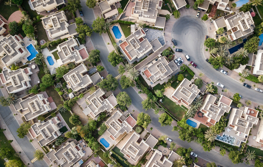 Birds eye view of suburban residential homes