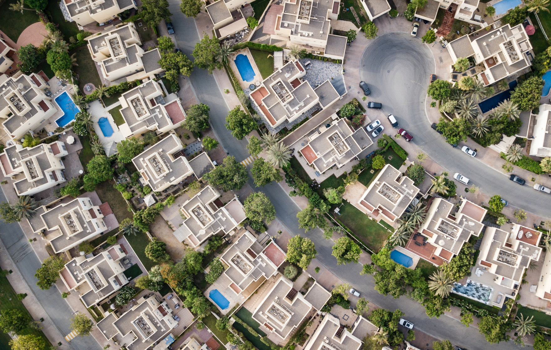 Birds eye view of suburban residential homes